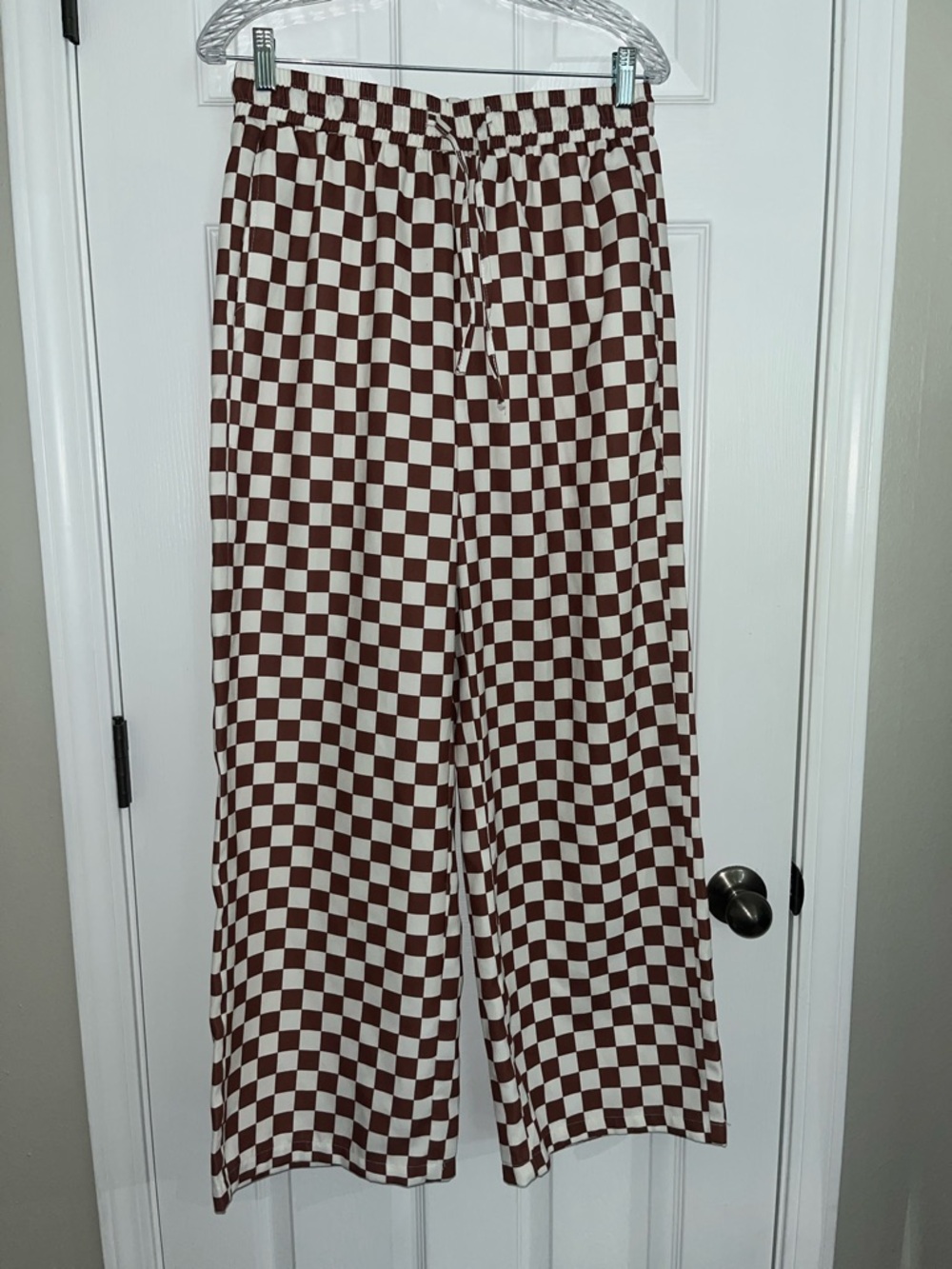 Checkerboard Wide Leg Pants - Brown & White